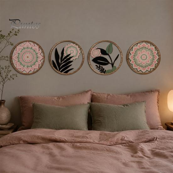 Zestaw Czterech Okrągłych Płyt Ściennych 4 Szt. Wystrój Boho, Drewniane Geometryczne Kwiatowe Elegancka Sztuka Dekoracji Wnętrz Domu, Estetyka Wiejska Wiszące Ozdoby