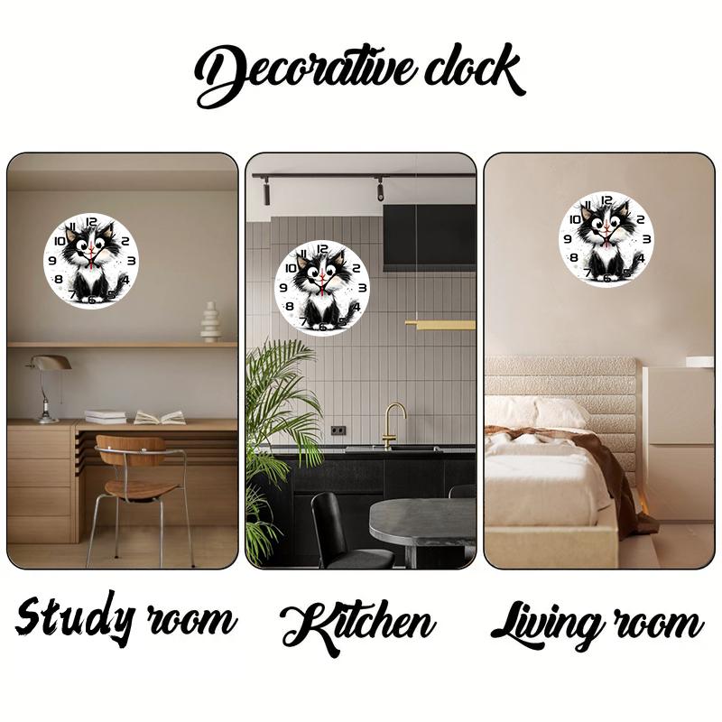 Adorable Kitten Wooden Round Silent Hanging Wall Clock, Suitable For Living Room, Office, Study Room, Bedroom, Home Decoration