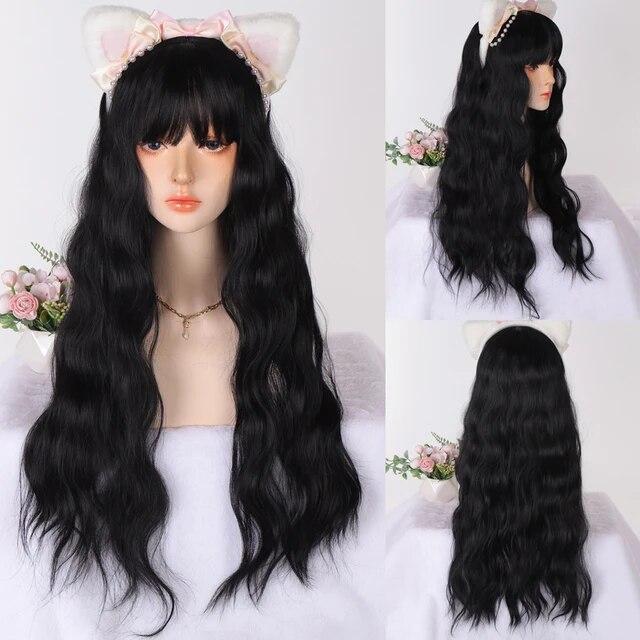 Synthetic Natural Black Wigs Long Wavy Wig for Women with Bangs Halloween Party Daily Heat Resistant Fibre Hair Wigs