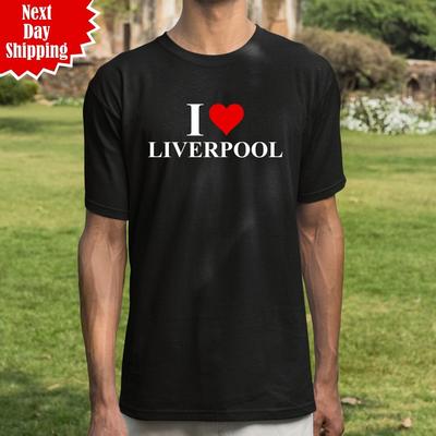 Camiseta para Hombre 'I Love Liverpool' Estampado de Corazón Fútbol Música Merseyside Regalo Top