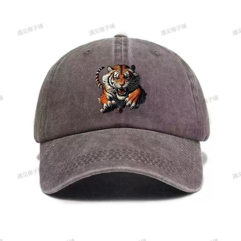 Fierce Tiger Face Graphic Baseball Cap Unisex Distressed Cotton Outdoor Casual Adjustable Hat