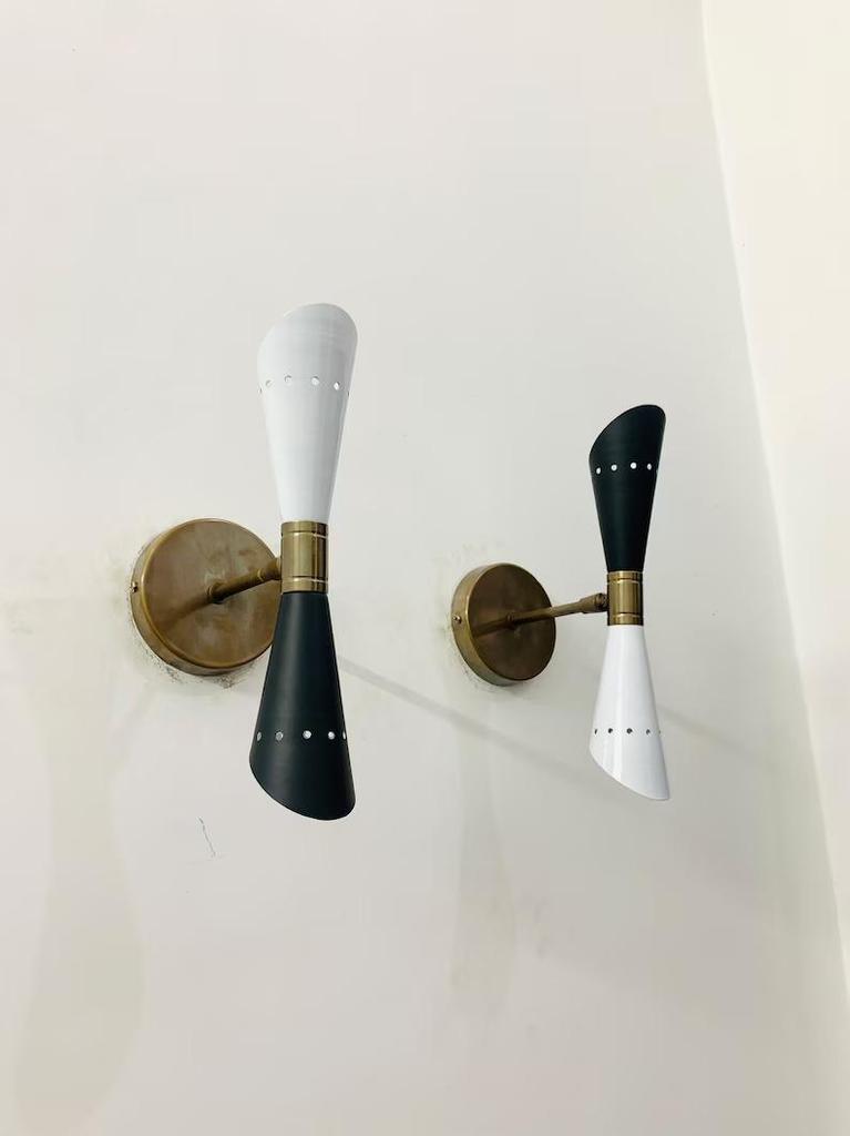 Mid Century Brass Wall Sconce Pair: Italian Diablo Bedside Lamps