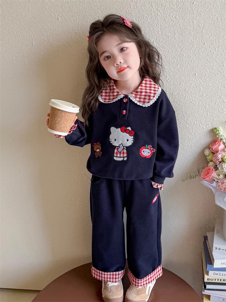 Mädchen Karo Sweatshirt Set - 2025 Herbstmode mit Umlegekragen