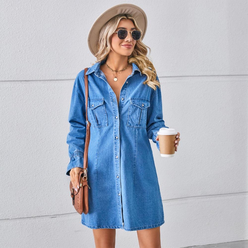 Women's Turn‑Down Collar Long Sleeve Loose Fit Button Front Denim Shirt Dress Casual A‑Line Mini Dress