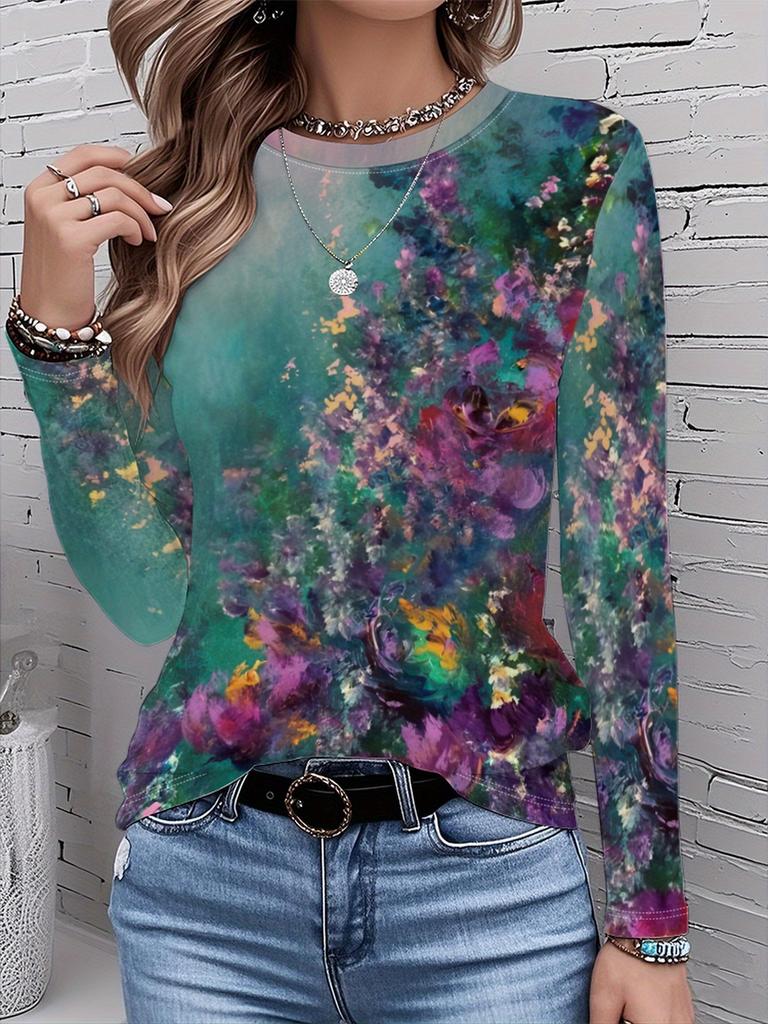 2026 New Women's Fashionable Long-Sleeved T-Shirt with Retro Floral Pattern, Perfect for Everyday Wear and Stylish Outfits