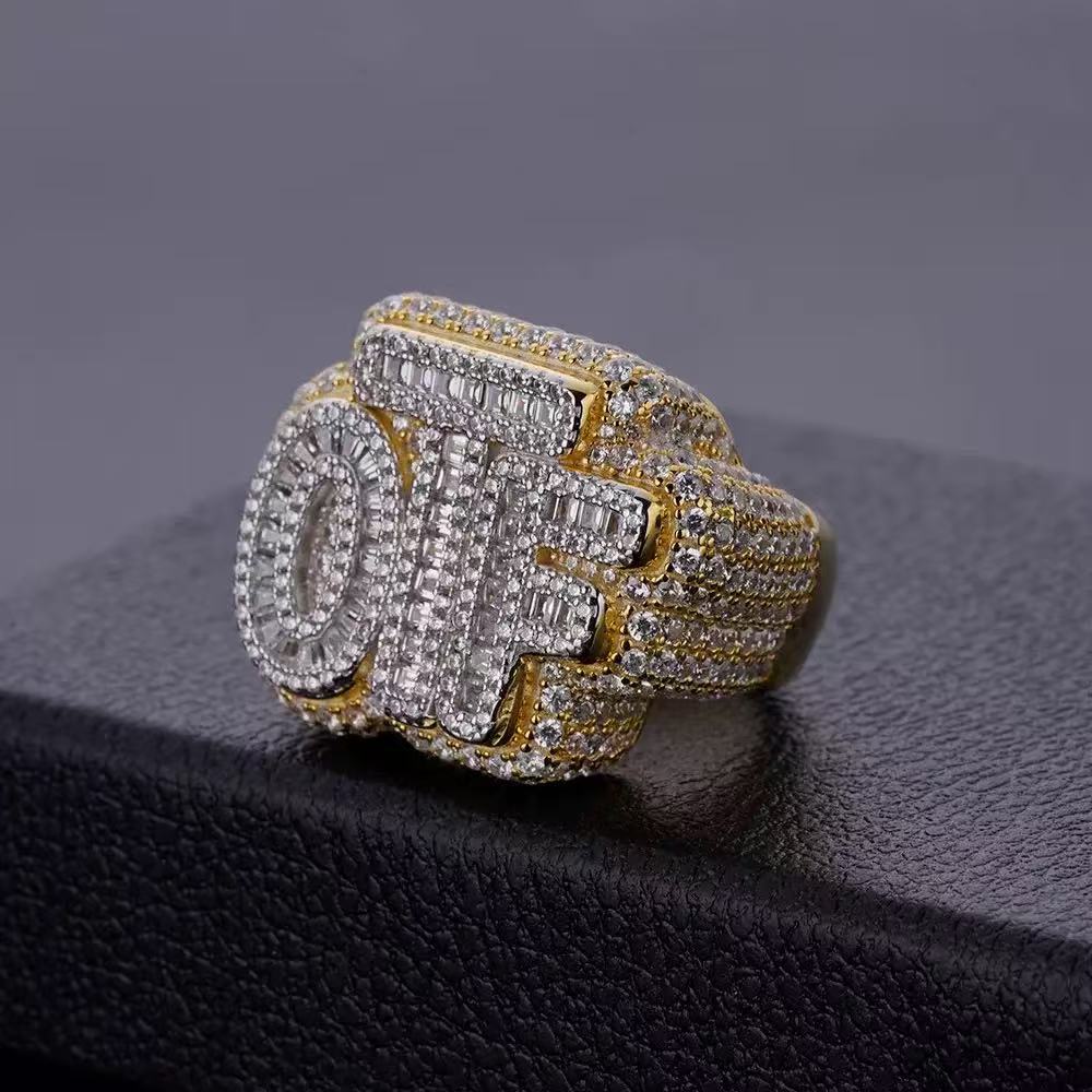 Hip hop creative copper inlaid zircon full of diamonds cool OTFJ ring personality classic high street trendy man popular ring