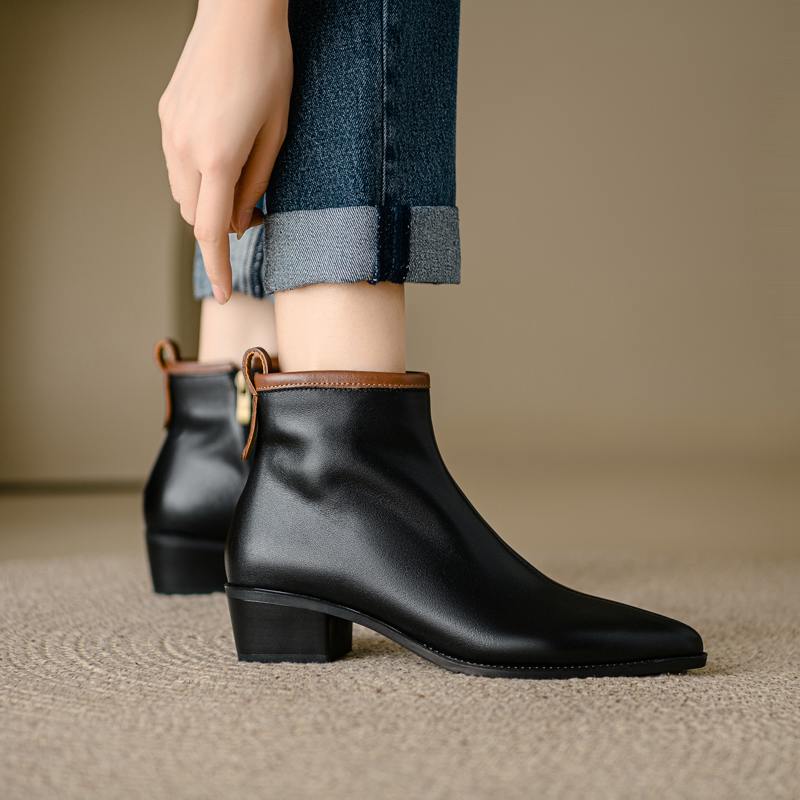Krazing Pot Full Grain Leather Autumn Winter Shoes Med Heels Chelsea Boots Round Toe Keep Warm Zipper Mixed Color Ankle Boots