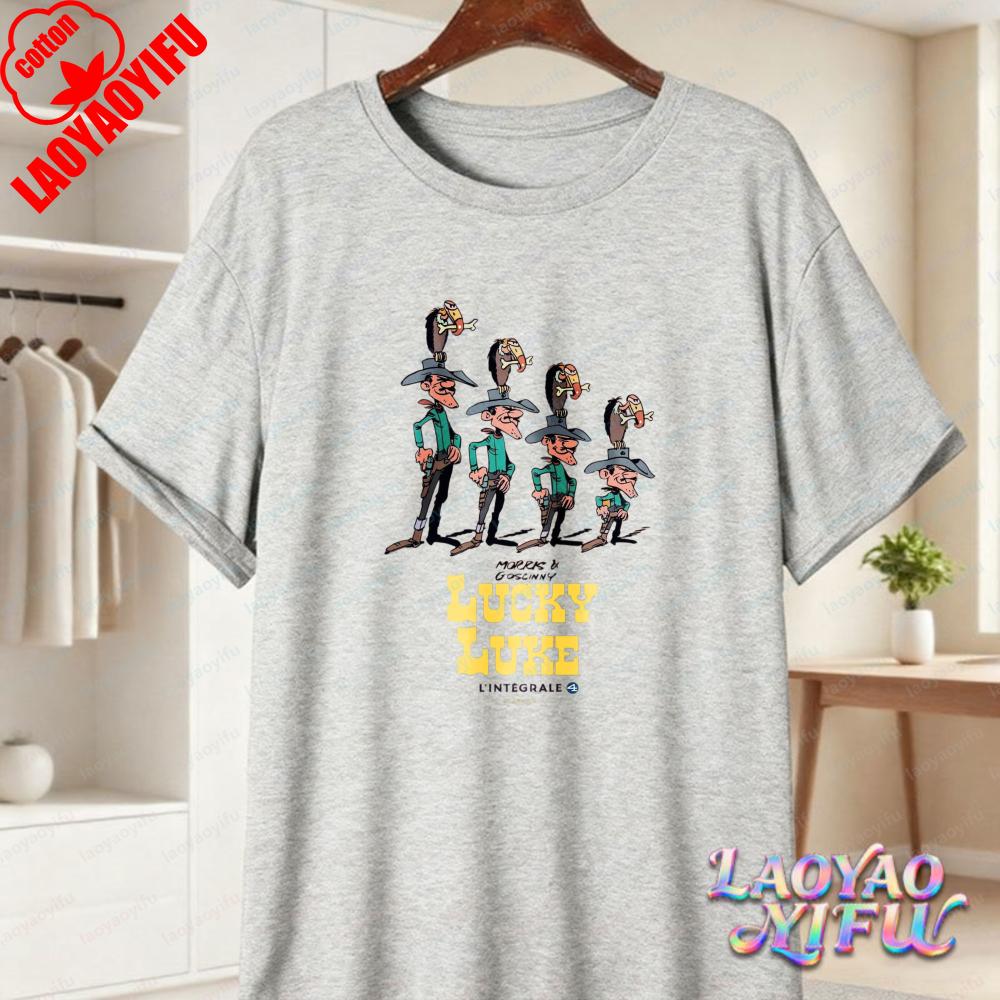 Lucky Luke Vollbesetzung Druck Lässige Oberteile Verspieltes West-Cartoon Baumwoll-T-Shirt Lustiges Vintage Klassisches Anime-Shirt Trend Unisex Kleidung