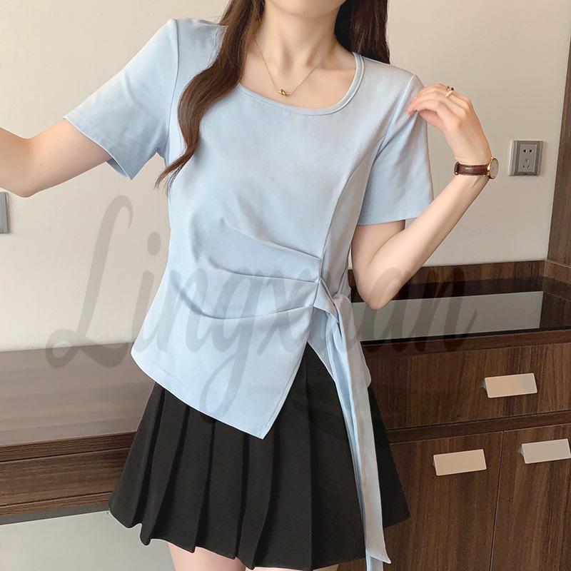 2026 Summer Plus Size Women s Chic Irregular Tie-Up Round Neck T-Shirt 2XL