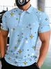 Print Design - Non-Textured Men'S Short Sleeve Fashion Golf Shirt in Blue with Star Pattern, Pullover Collar, Summer Graffiti Print Clothing, Stylish