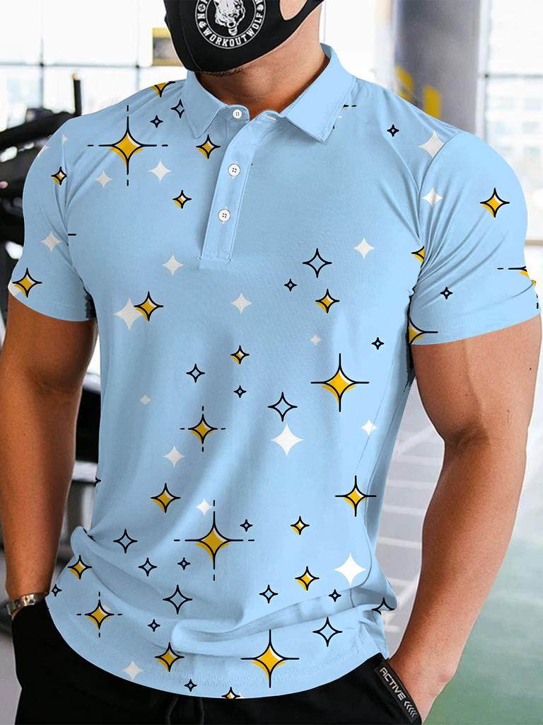 Print Design - Non-Textured Men'S Short Sleeve Fashion Golf Shirt in Blue with Star Pattern, Pullover Collar, Summer Graffiti Print Clothing, Stylish