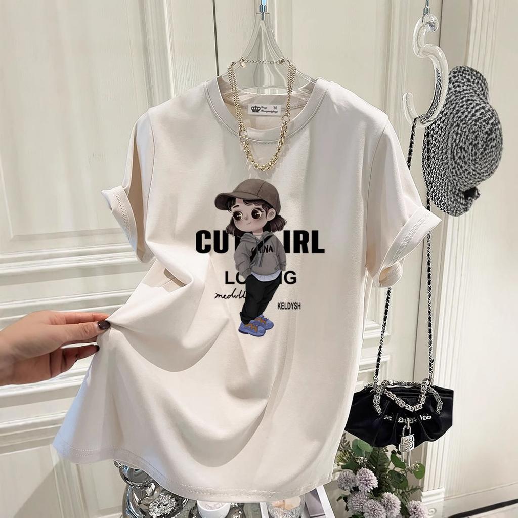 Large Version of Loose T-shirt for Women's Short-sleeved Pure Cotton Summer New Korean Version of Cute Girl Mid-length Top