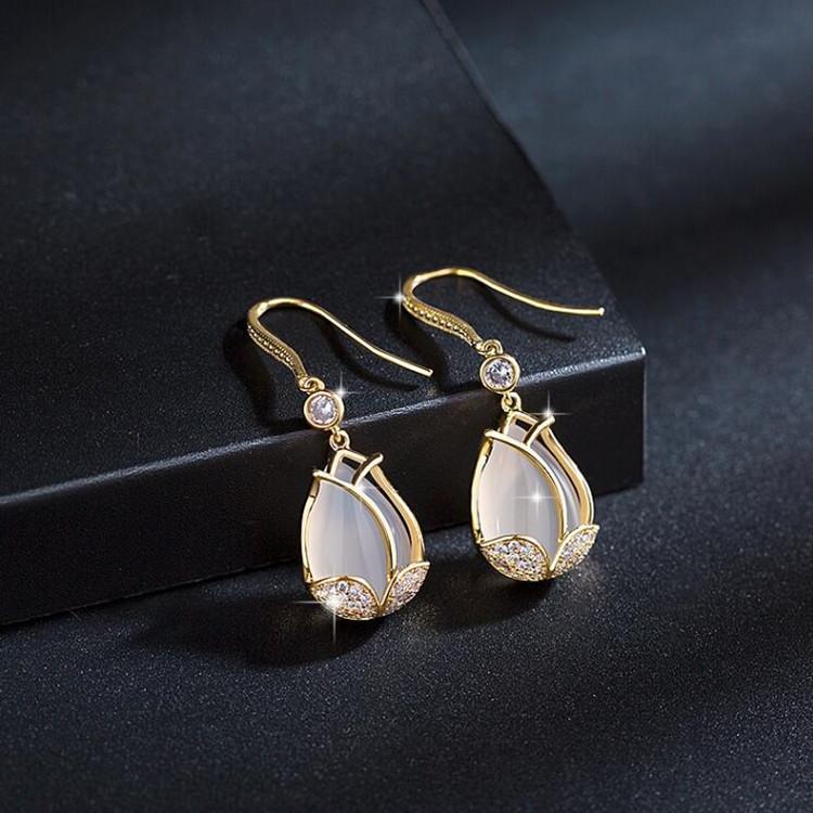 Semi Opal Vintage Precious Stone Earrings Women Tulip Dangle Jewelry Gifts Girl