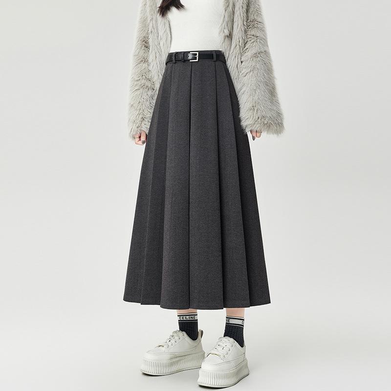 Autumn/Winter 2025 High-Waist Pleated A-Line Skirt - Slimming Woolen Mid-Length for Women