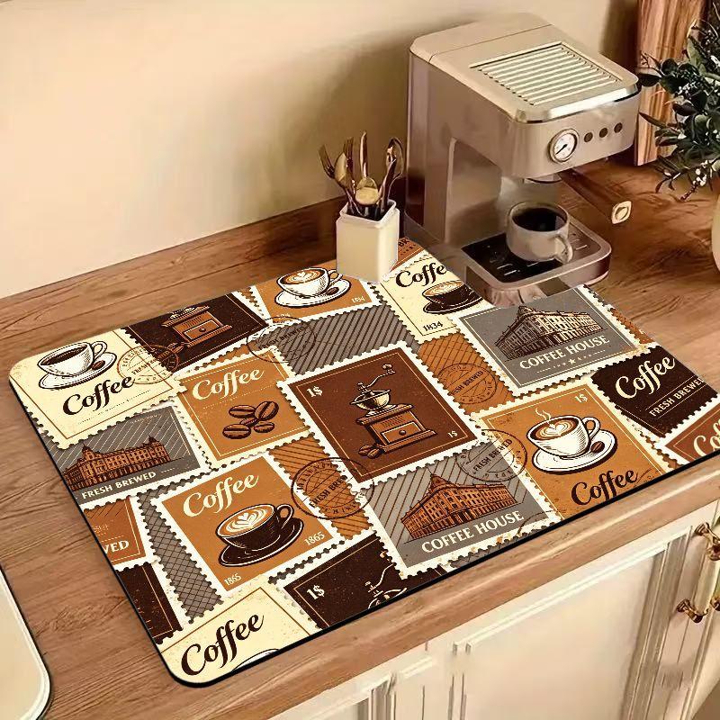 Plaid Floral Farmhouse Coffee Mat Super Absorbent Oilproof Non Slip Pad Kitchen Counter Drying Rug