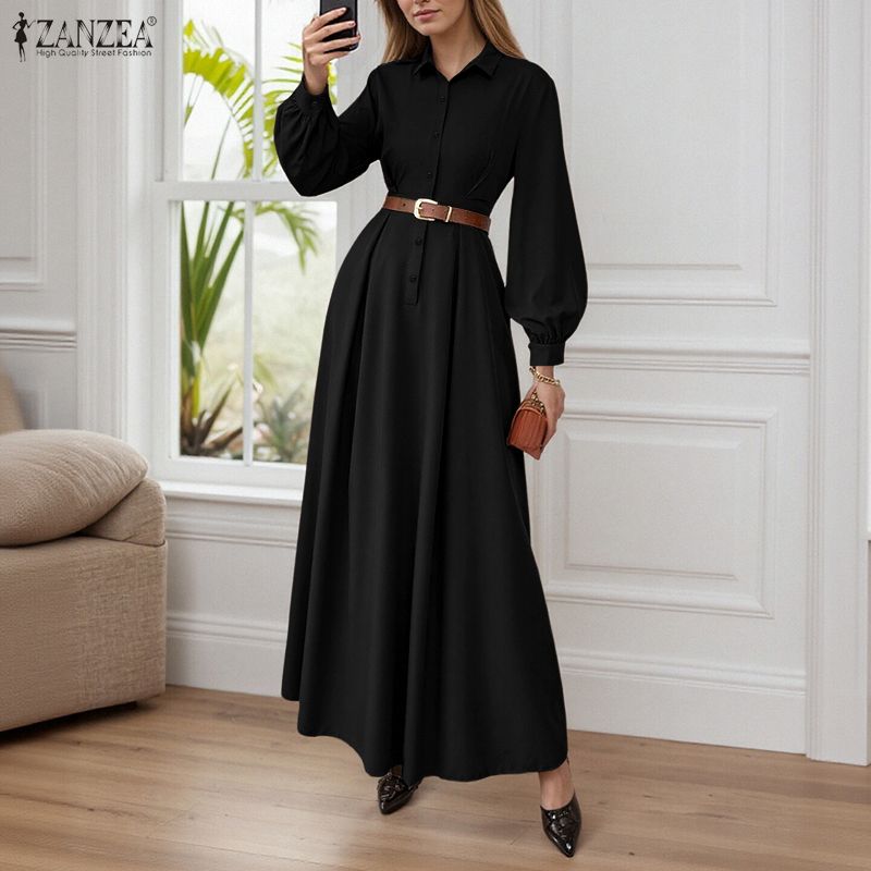 ZANZEA Dámské ležérní šaty s límečkem s volným dlouhým rukávem