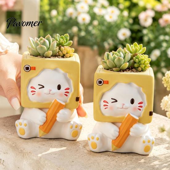 Decorative Resin Flowerpot Holding Pen Cat Planter Pot, Shaped Flowerpot, Office Desk Succulents Plants Container for Home Balcony Flower Pot