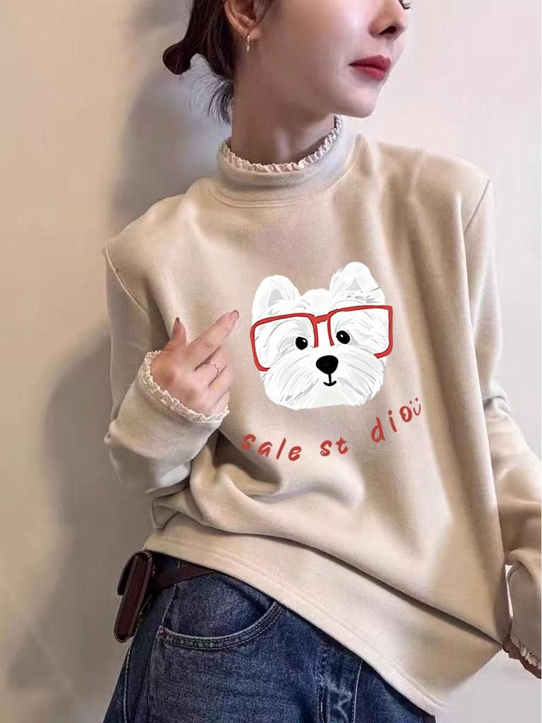 Women's Lace Collar Velvet Long-Sleeve T-Shirt - Autumn/Winter 2025 Collection