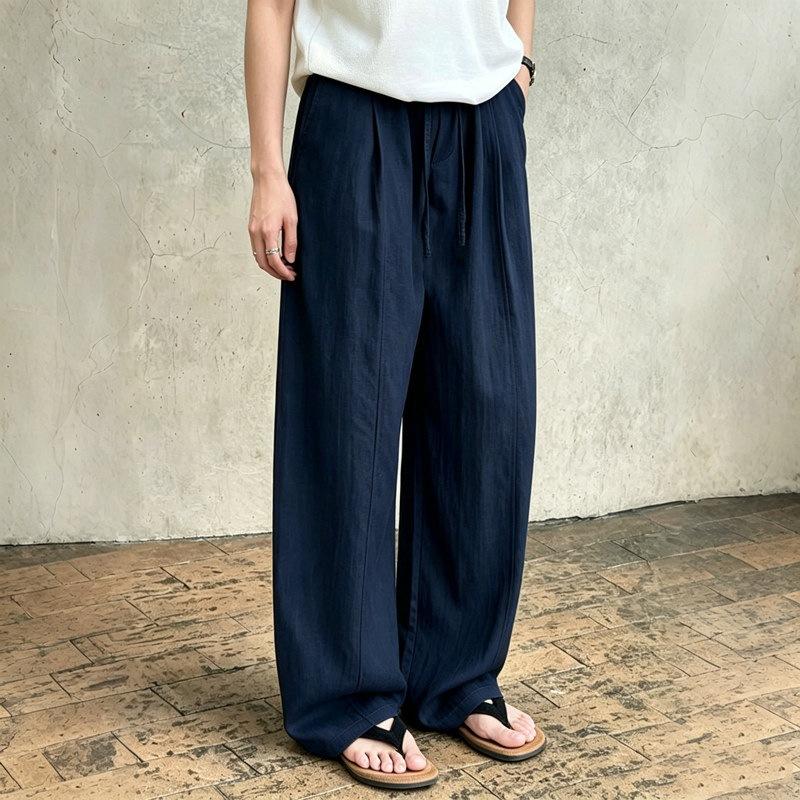 Chinese style summer thin Lyocell Tencel rain dew linen cotton and linen pants men's wide-leg old money style hemp pants