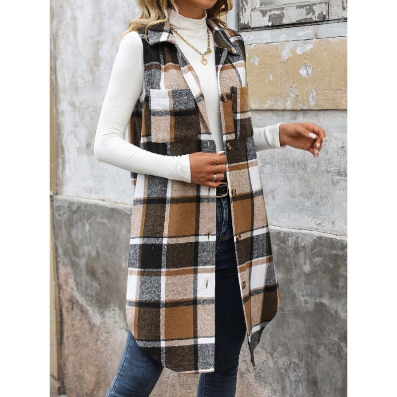Women Plaid Print Flap Collar Sleeveless Jacket  Autumn Loose Fashion Single Breasted Long Thermal Vest