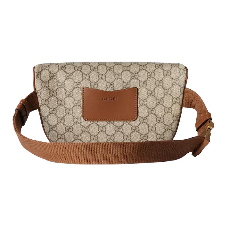Gucci GG Emblem Logo Print Leather Trim Medium Waist Bag Men Waist Bag Beige Dark-Brown 821162-FAEEC-9786