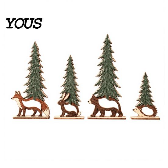 Festive Home Decor for Winter Season 4Pcs Wooden Animal and Pine Ornaments, Fox Rabbit Bear Hedgehog Creative Gift Friends And Family Figurine, Rustic
