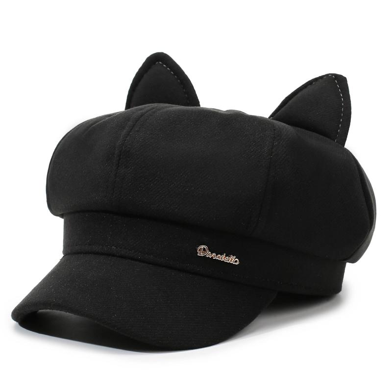 Ladies' Cute Cat Ear Retro Octagonal Beret - Fashionable, Versatile, Face-Flattering Artist Hat