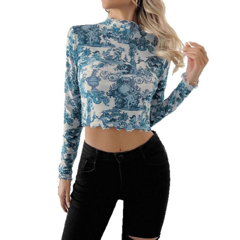 Spring Summer Elegant Blue Printed Short Blouse Women Streetwear Stand Collar Mesh T Shirt Slim Fit Casual Long Sleeve Crop Top