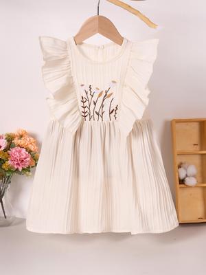 2025 Girls' Pastoral Sweet Summer Dress - Embroidered Flowers, Puff Sleeves, Thin Pullover