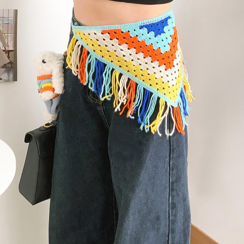 

Bohemian Knitted Fringed Flap Ethnic Style Hand-knitted Triangle Back Flap Hollowing Out Multifunctional Tassel Hip Apron