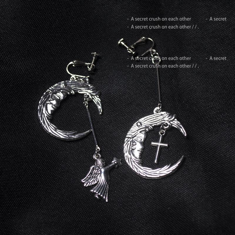 Wind Stud Earrings Gothic Punk Trendy Retro Moon Angel Cross Combination Pierless Ear Clips Stud Earrings
