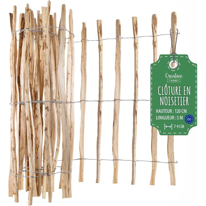 Clôture De Jardin - CREATIVE HOME - Bois De Noisetier - Hauteur 120 Cm - Longueur 5 M - Espacement 7-9 Cm