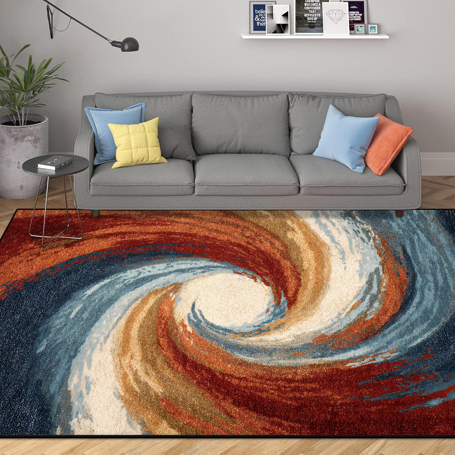 

Abstract Modern Geometric Area Rugs Bedroom Living Room Non-slip Floor Mat with Vortex Red Orange Dining Room Carpet Washable 60x90cm
