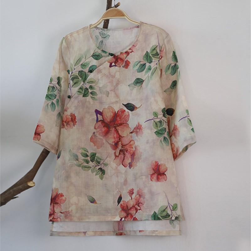 Johnature Dámská jarní móda potisk vintage čínský styl košile osobnostní nika ležérní retro košile