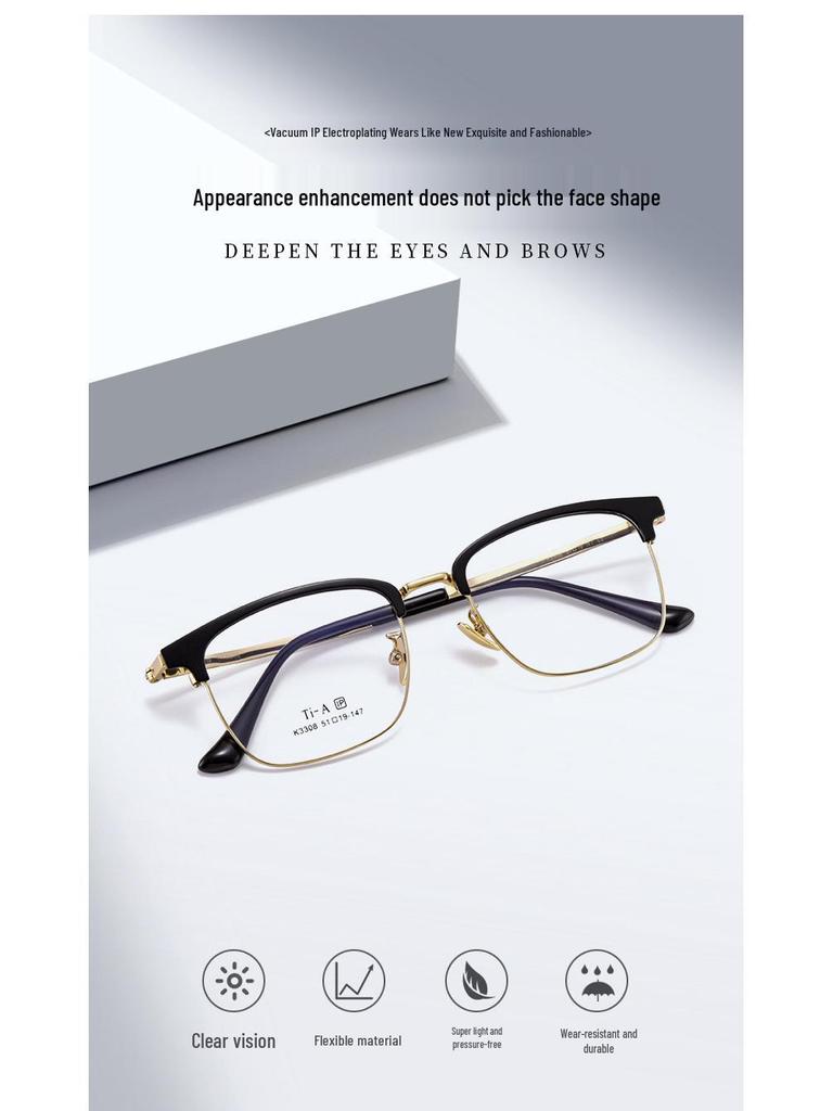 Kemin Men's Titanium Eyebrow Frame: Fashionable, Prescription-Ready Square Design with IP Electroplating - Model 3308.