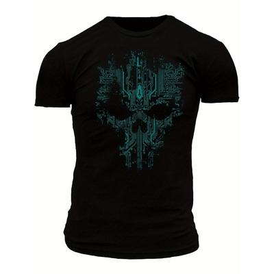 European Sizes Men's Vintage T-Shirt, Black 'Circuit Skull' Print, Casual Crewneck Short Sleeve, Soft & Comfortable, Plus Size,