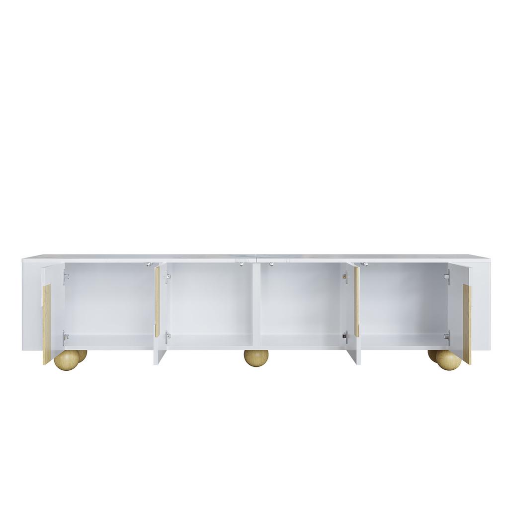 White TV Cabinet 180 Cm, 4 Doors, Elegant Design, Marble-look Surface, Spherical Wooden Feet