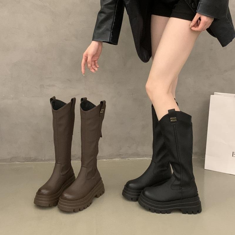 Thick-soled Heightening Boots Women's 2025 New Autumn and Winter Thin But Knee Boots Knight Boots Black High Boots