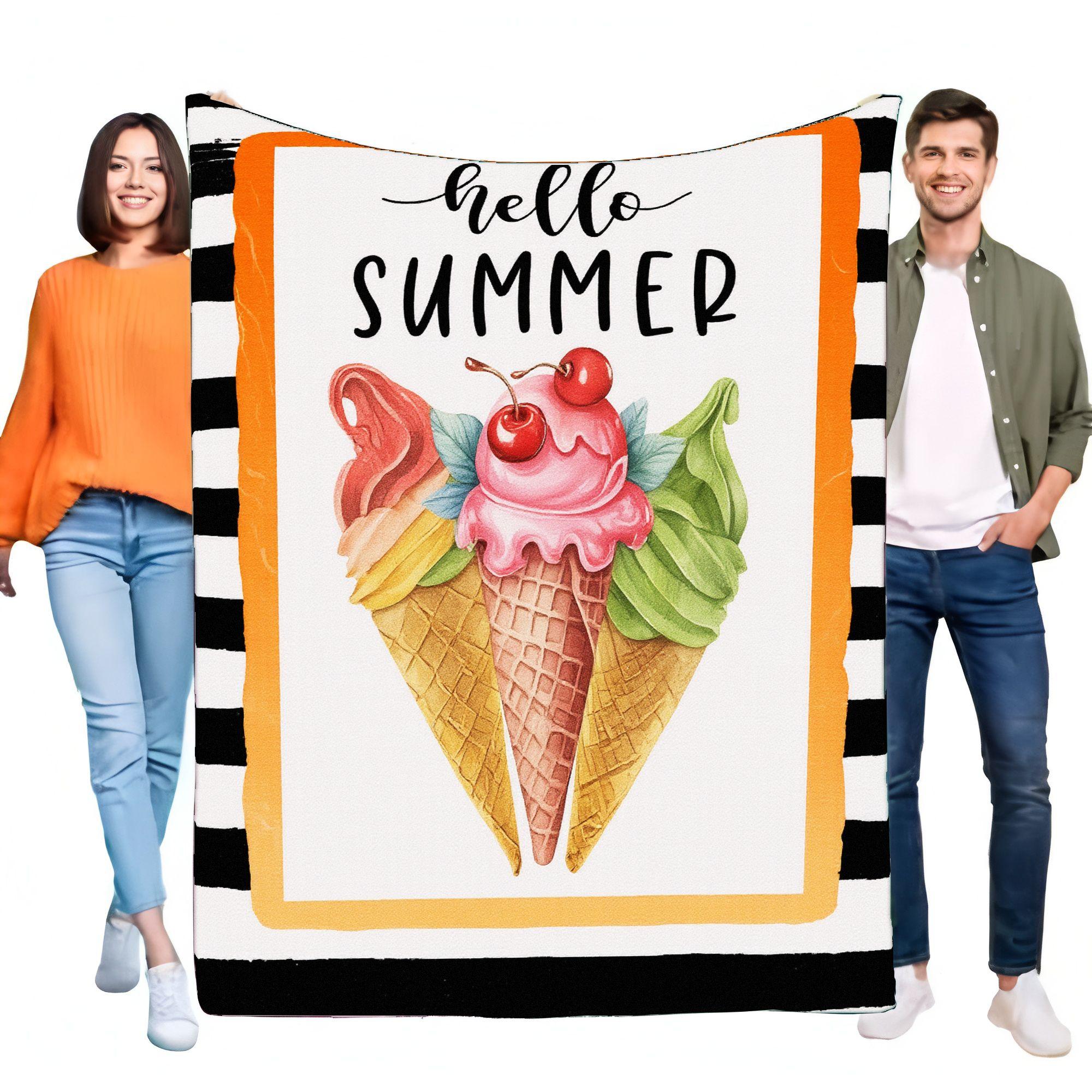 

Hello Summer Ice Cream Blanket Soft Cozy Large Throw Lightweight Bed Sofa Decor Gift for Family and Friends, Perfect for Beach D 75x90cm