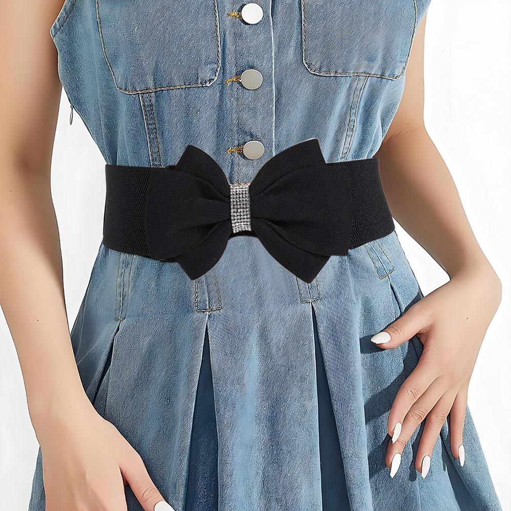 Adjustable Buckle Women's Elastic Wide Belt Solid Color Rhinestone Stretch Belt  for Dress Jeans