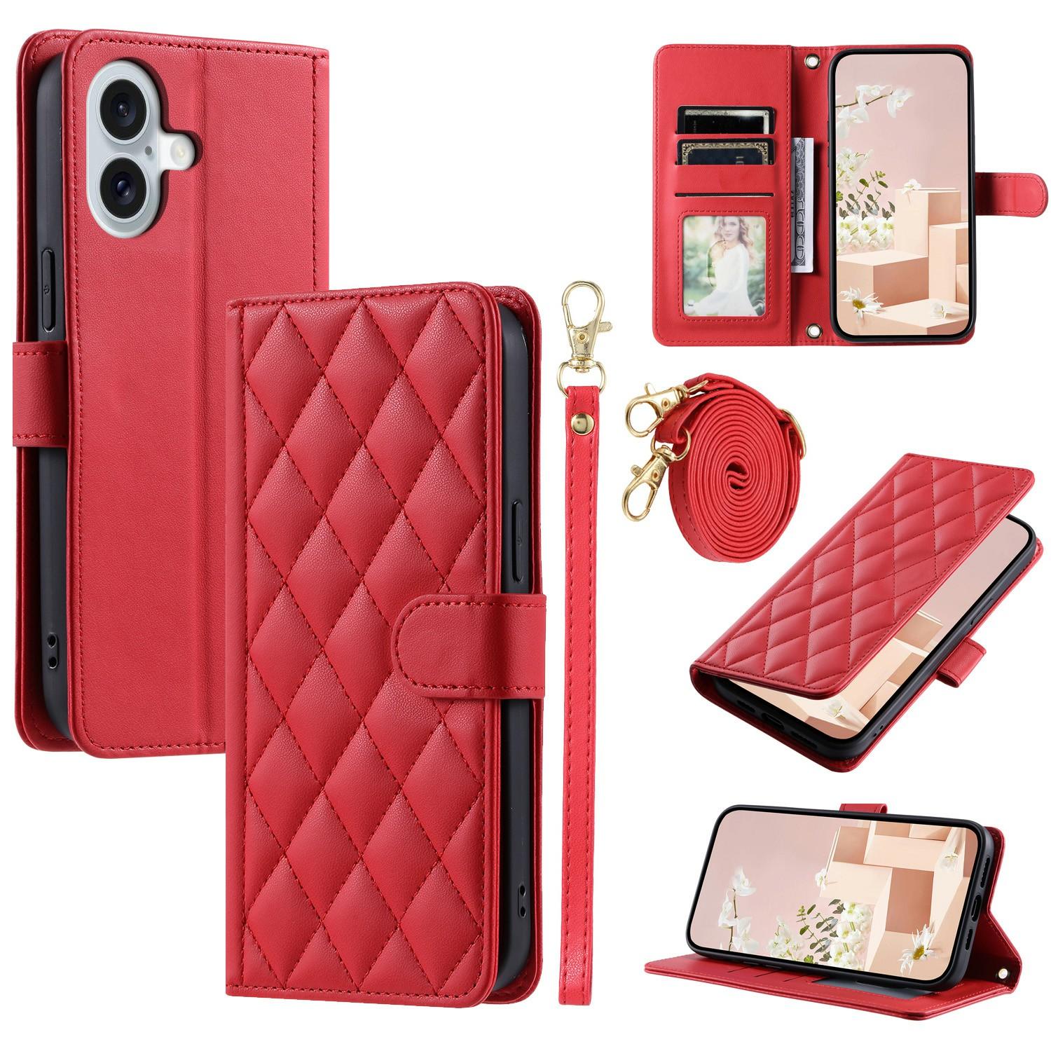 

For iPhone 17 Case Wallet Rhombus Grid PU Leather Phone Cover Red