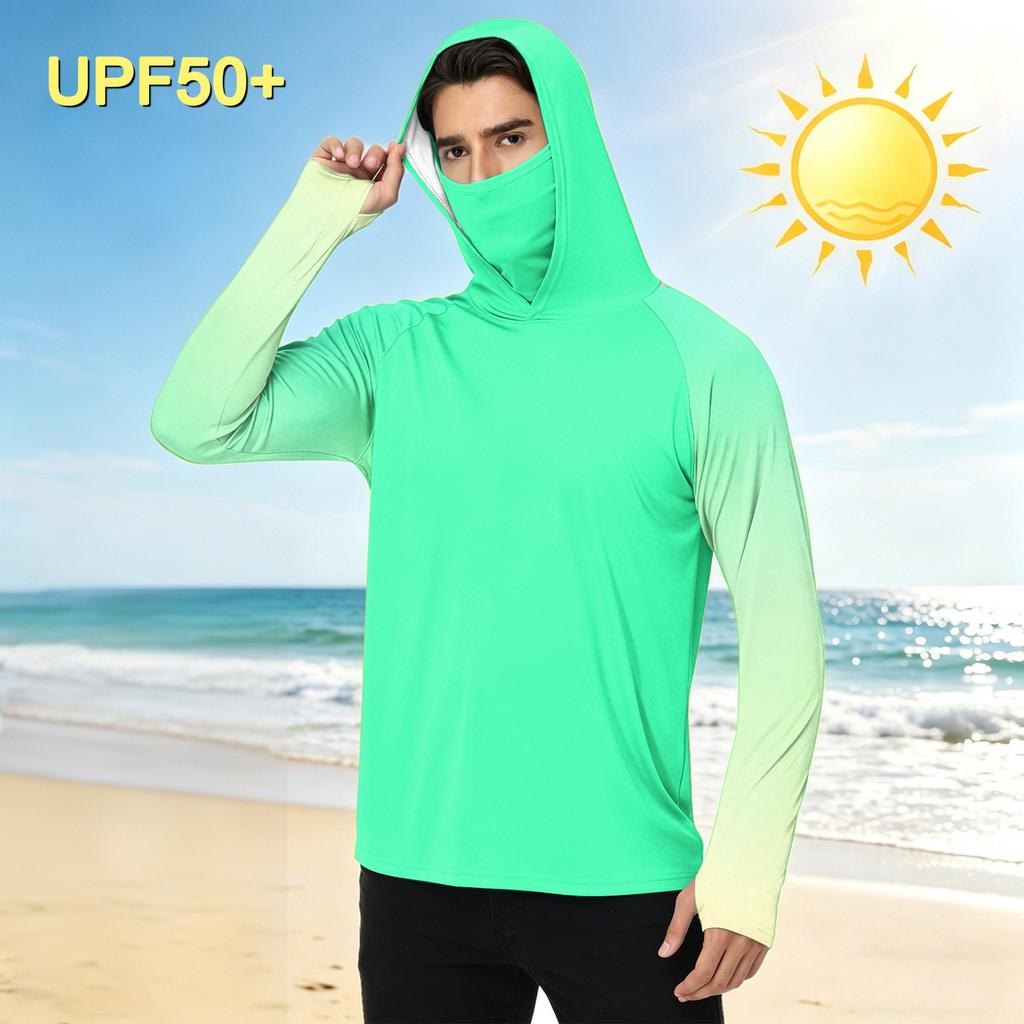 Men's Casual Outdoor Gradient Print Hooded Long Sleeve Sun Protection Shirt Lightweight Breathable UV Resistant Pullover Top
