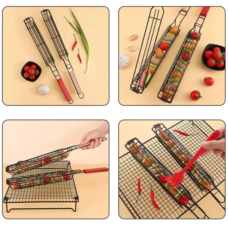 Kitchen Tool Barbecue Grill Stainless Steel Non-Stick Grill Basket with Handle BBQ Roast Rack for Home Outdoor Picnic