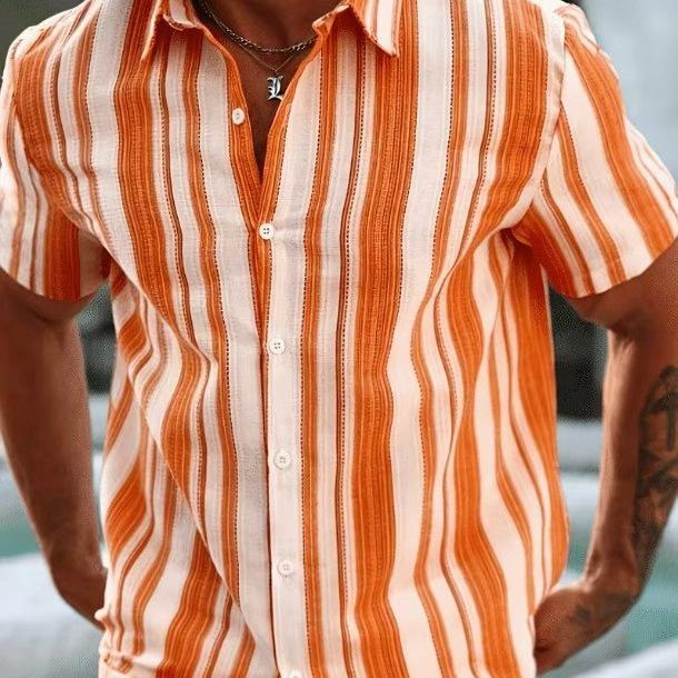 Mens Striped Short Sleeve Casual Shirt Oversized Summer Turn Down Collar