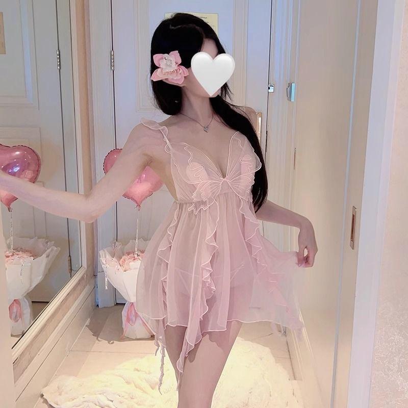 

Large size erotic underwear new pure desire pajamas small fragrant wind fairy broken yarn strips small breasts gather sexy free nightgown M code 40-60kg розовый