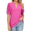 Summer Casual V-neck Solid Color Hollow Bubble Sleeve Loose T-shirt Top for Women Shirt