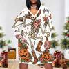 Women Plus Size V Neck Long Sleeve White Printed Straight Dress Cute Witch Raccoon Pumpkin Pattern