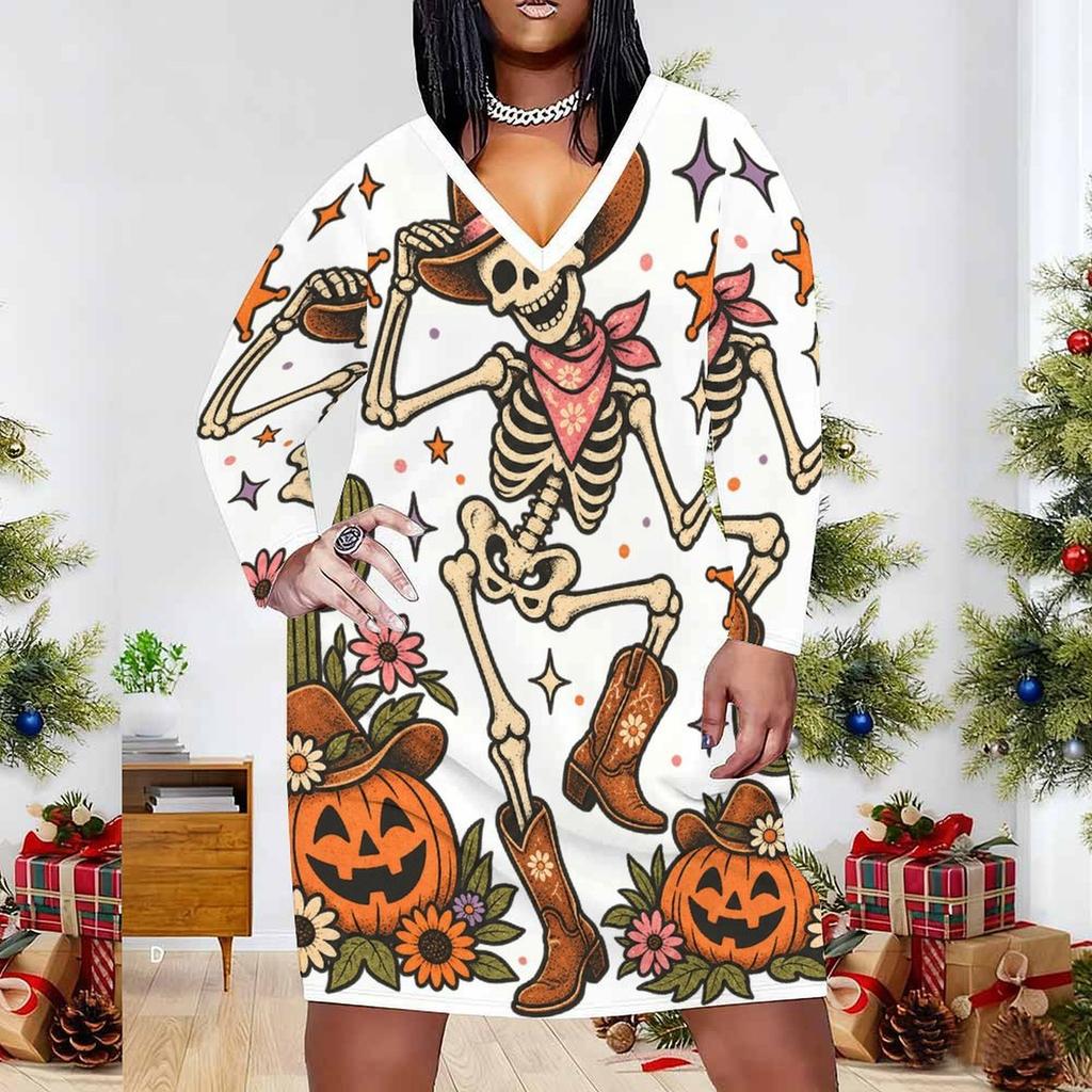 Women Plus Size V Neck Long Sleeve White Printed Straight Dress Cute Witch Raccoon Pumpkin Pattern