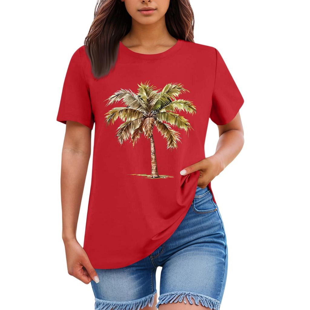 Ladies' Loose Comfortable Casual And Fashionable Hawaiian Plant Print Round Neck Short Sleeved Shirt