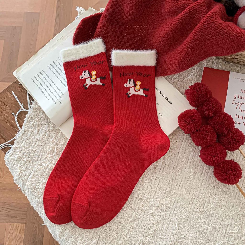 Red Socks New Year'S Wedding Gift Chinese Red Year Of The Horse Tube Socks Big Red Socks